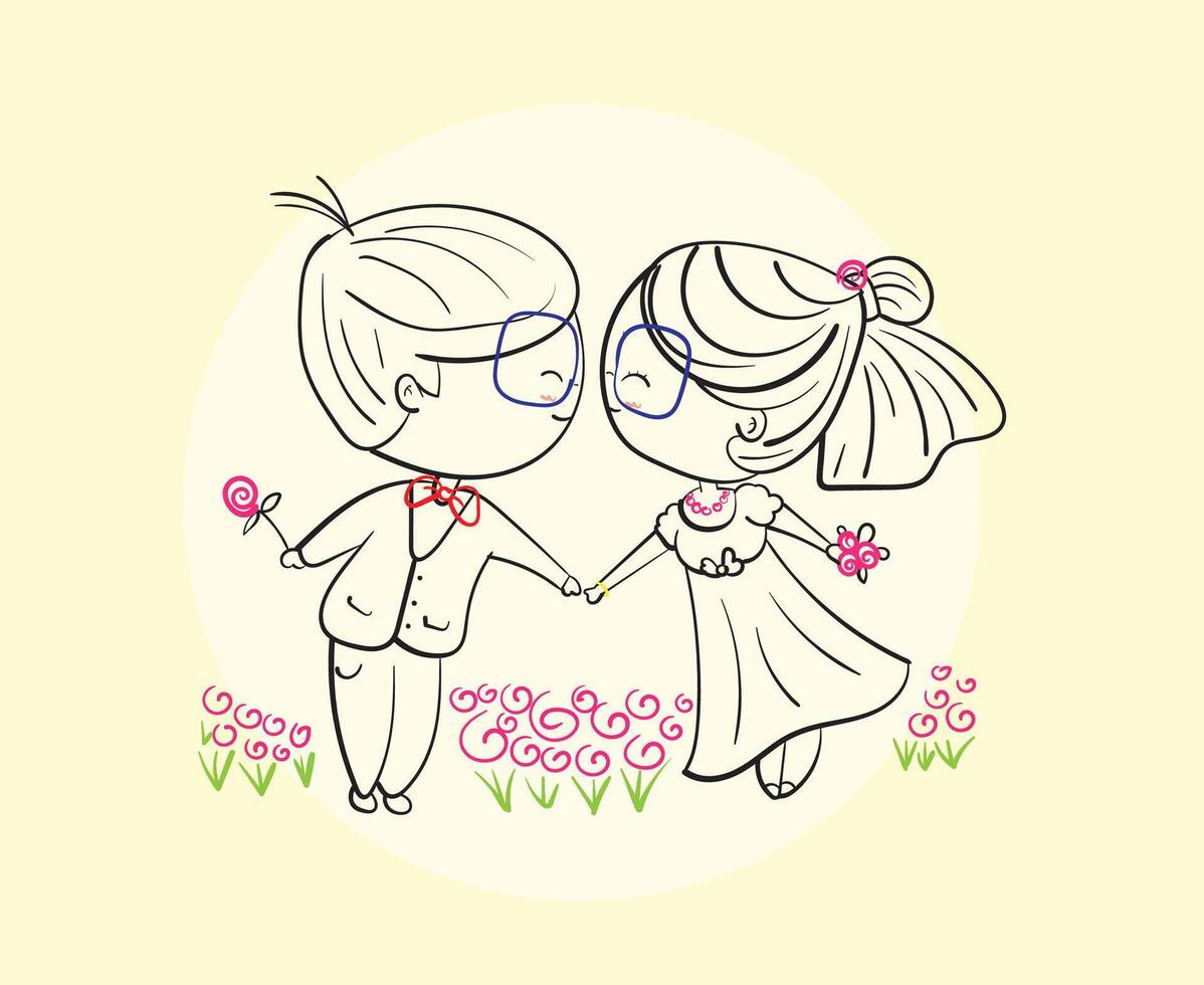 Happy couples dancing on bright days, Hand drawn Illustration in sketch doodle style. vector