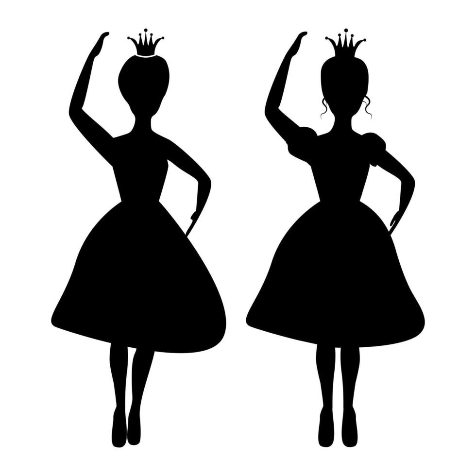 aislado bailando princesa y reina silueta conjunto en blanco antecedentes. hada cuento ilustración diseño. vector