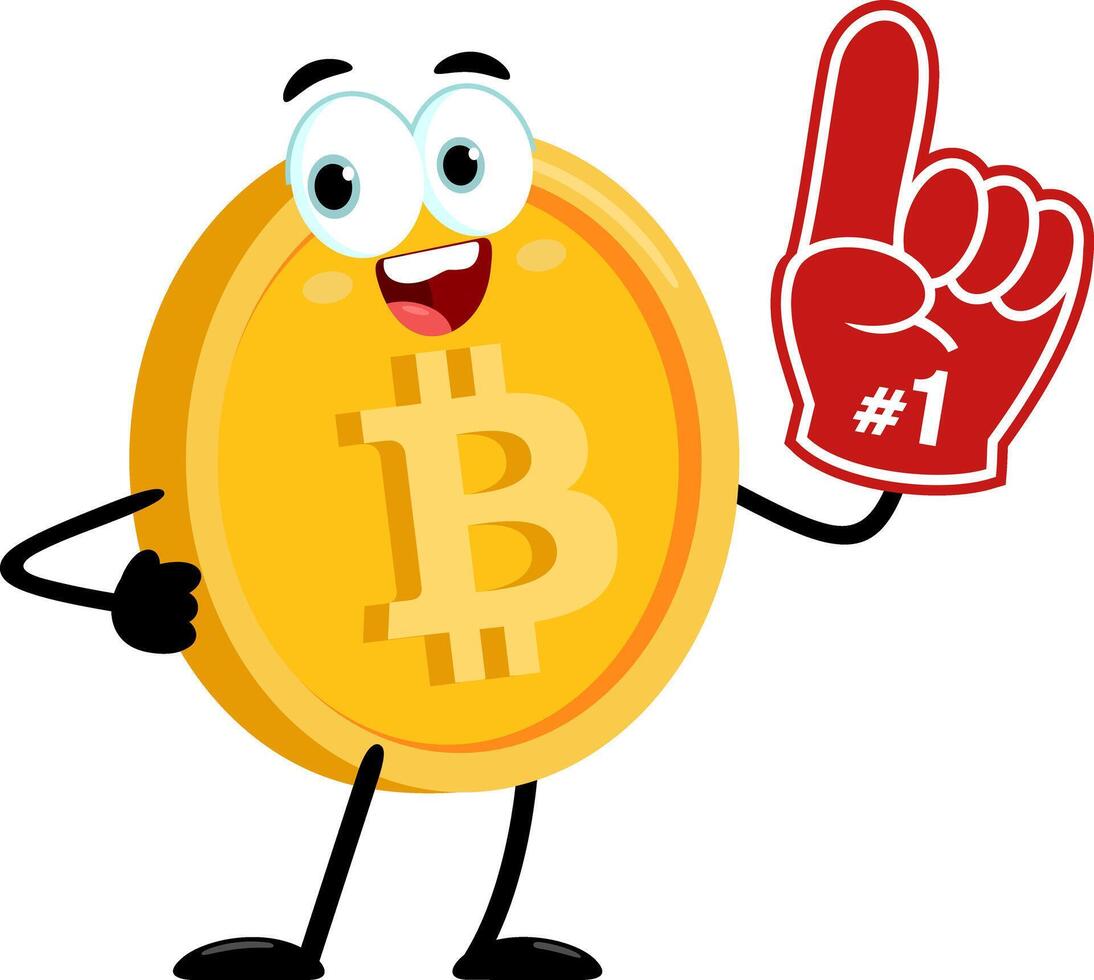 Bitcoin Cartoon Character Showing Number One With Foam Finger vector