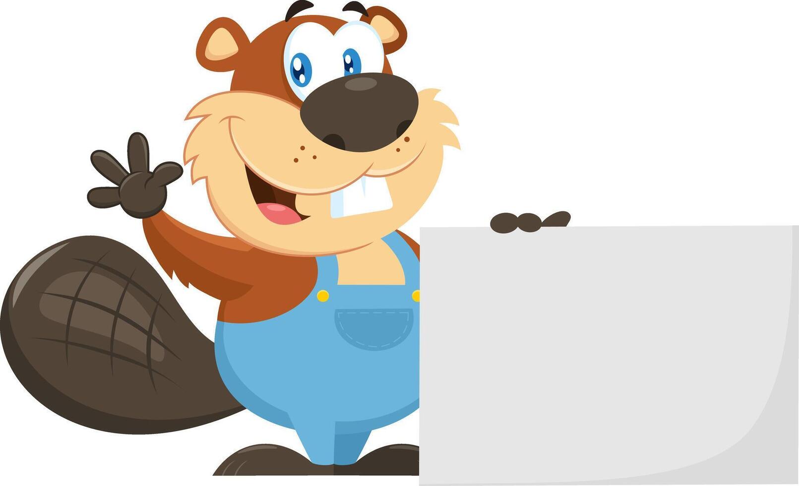 Cute Beaver Cartoon Character Holding A Blank Sign And Waving For Greeting vector