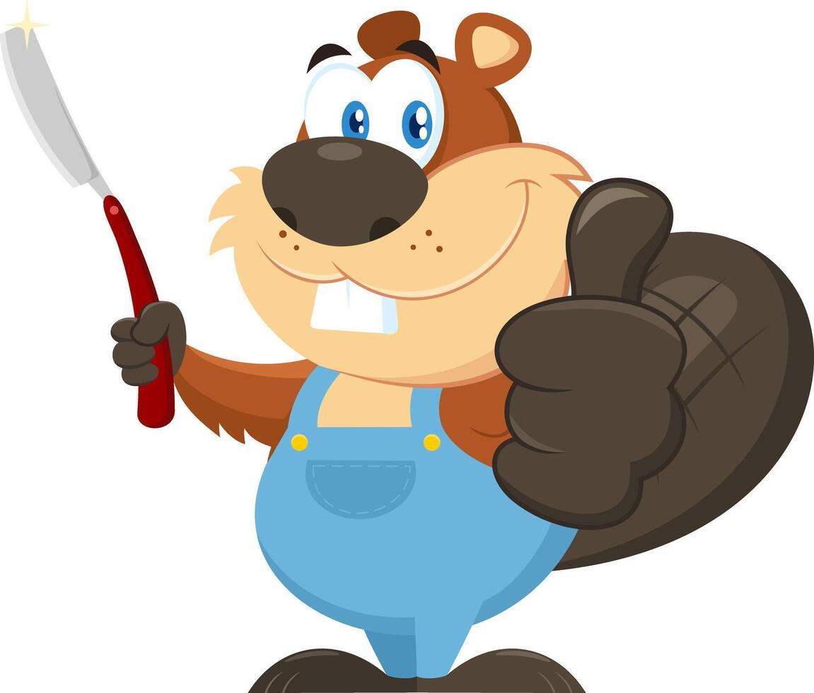 Cute Beaver Cartoon Character Holding Straight Razor vector