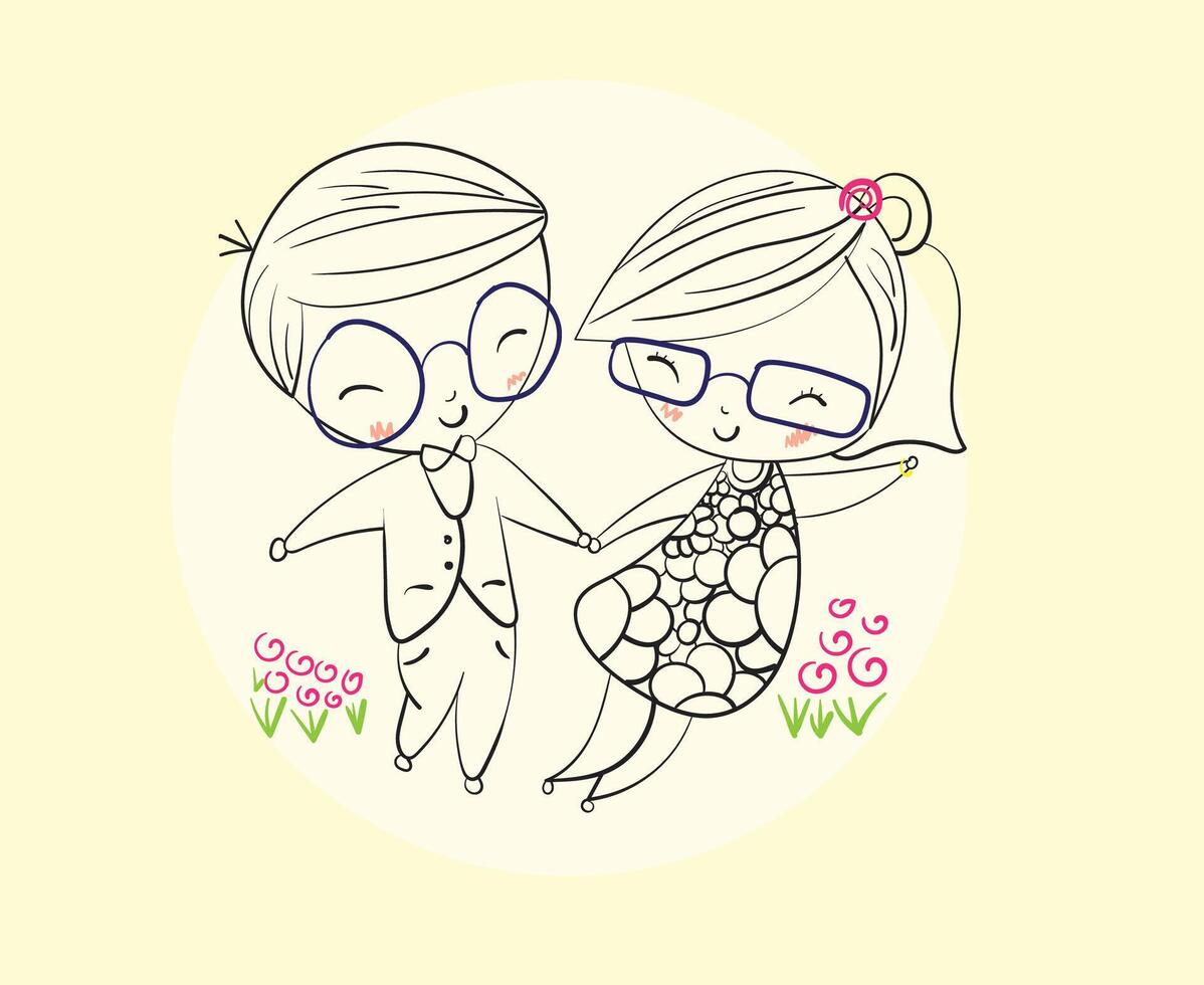 Happy couples dancing on bright days, Hand drawn Illustration in sketch doodle style. vector