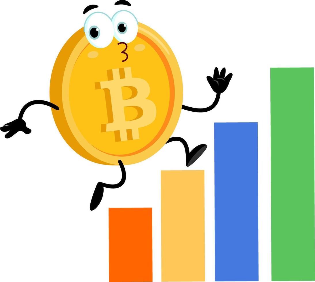 Bitcoin Cartoon Character Running Over Growth Bar Graph vector