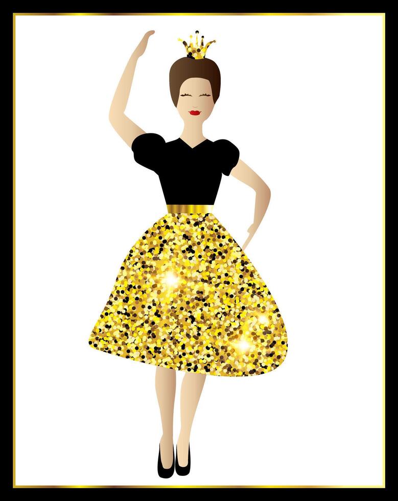 Dancing Princess Illustration Design with Woman or Girl in Gold and Black Dress Isolated Realistic Image vector