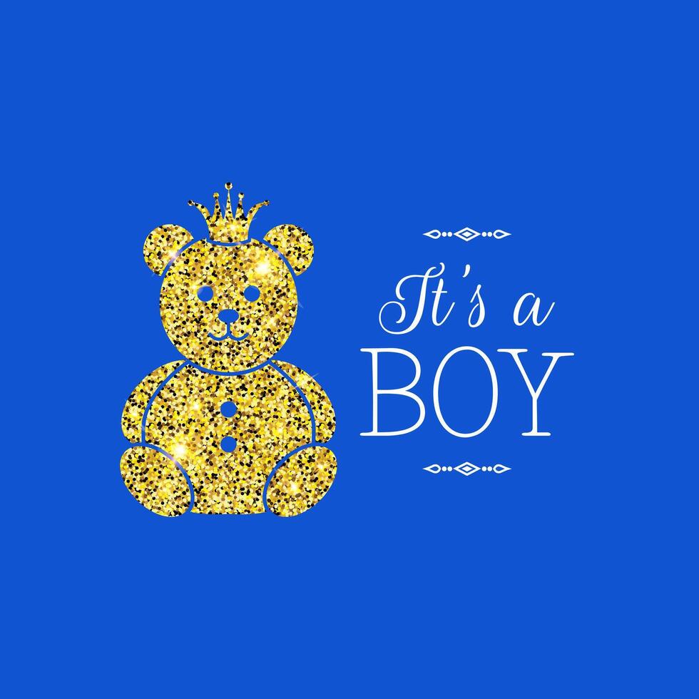 It's a Boy Illustration with Sparkle Gold Bear on Bright Blue Background vector