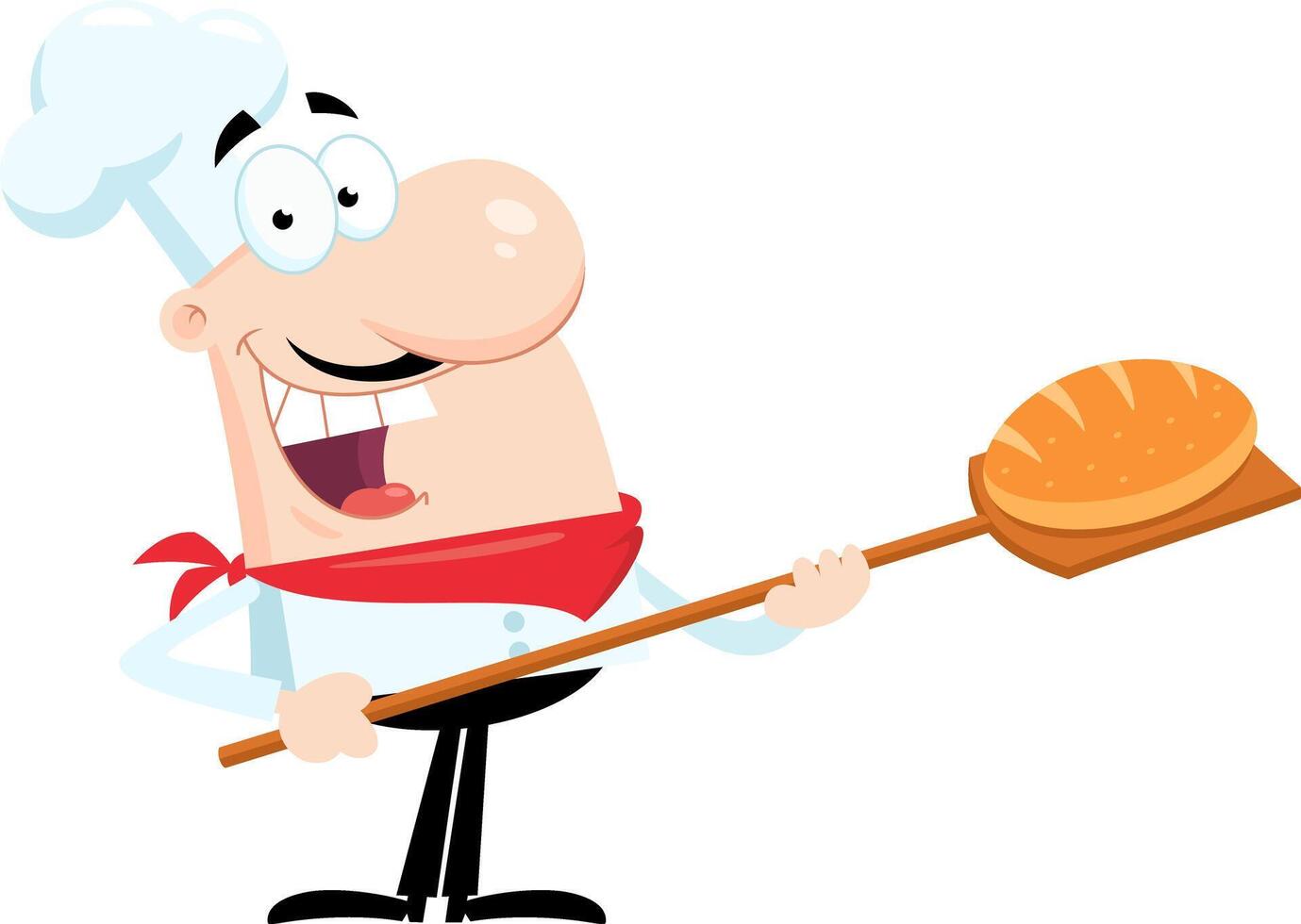 Happy Chef Baker Man Cartoon Character Holding Bakery Peel Tool With Bread vector