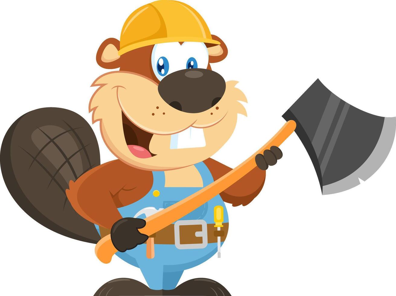 Cute Beaver Cartoon Character Wearing A Helmet Holding An Axe vector