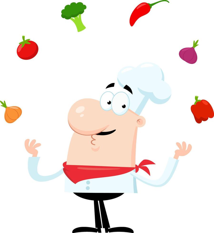 Funny Chef Man Cartoon Character Juggling With Fresh Vegetables vector