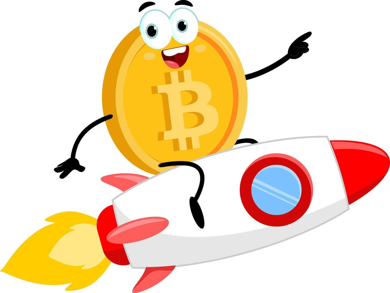 Bitcoin Cartoon Character Flying On The Rocket And Pointing vector