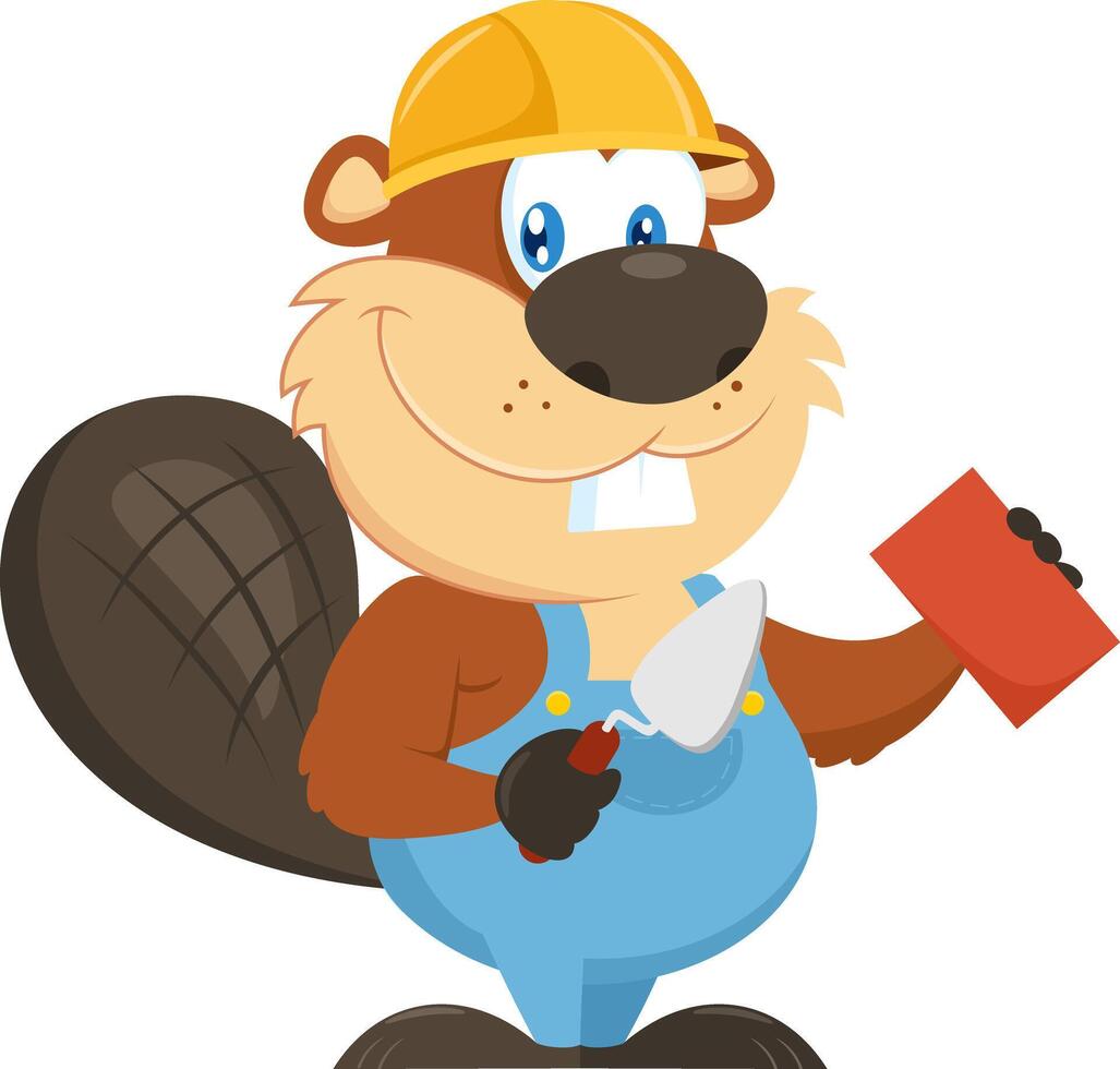 Cute Beaver Builder Cartoon Character Wearing A Helmet And Using Trowel And Brick vector