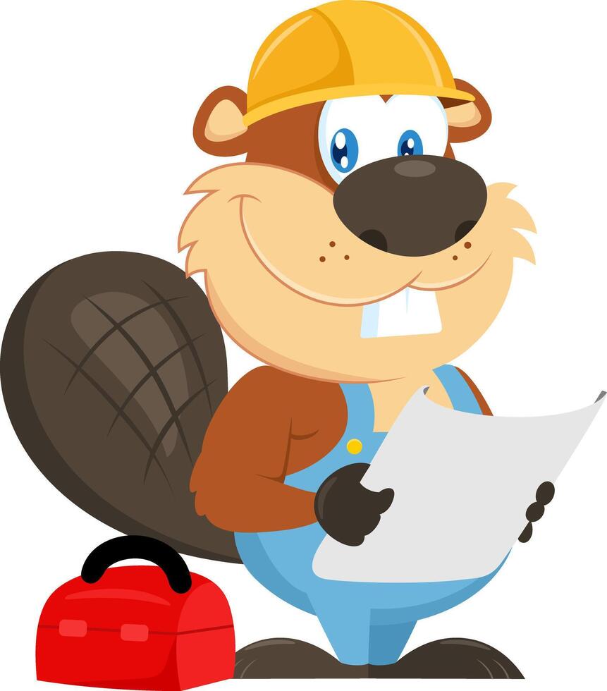 Cute Beaver Carpenter Cartoon Character With Helmet Holding A Blueprint vector