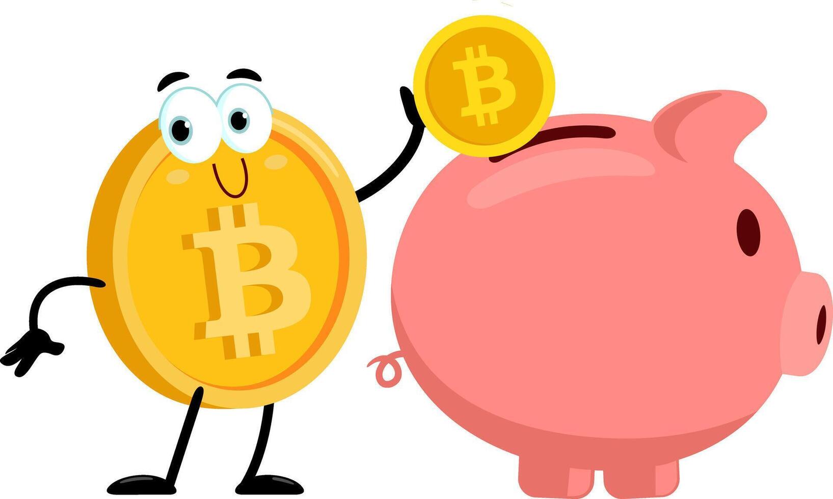 Bitcoin Cartoon Character Putting Coin In Piggy Bank vector