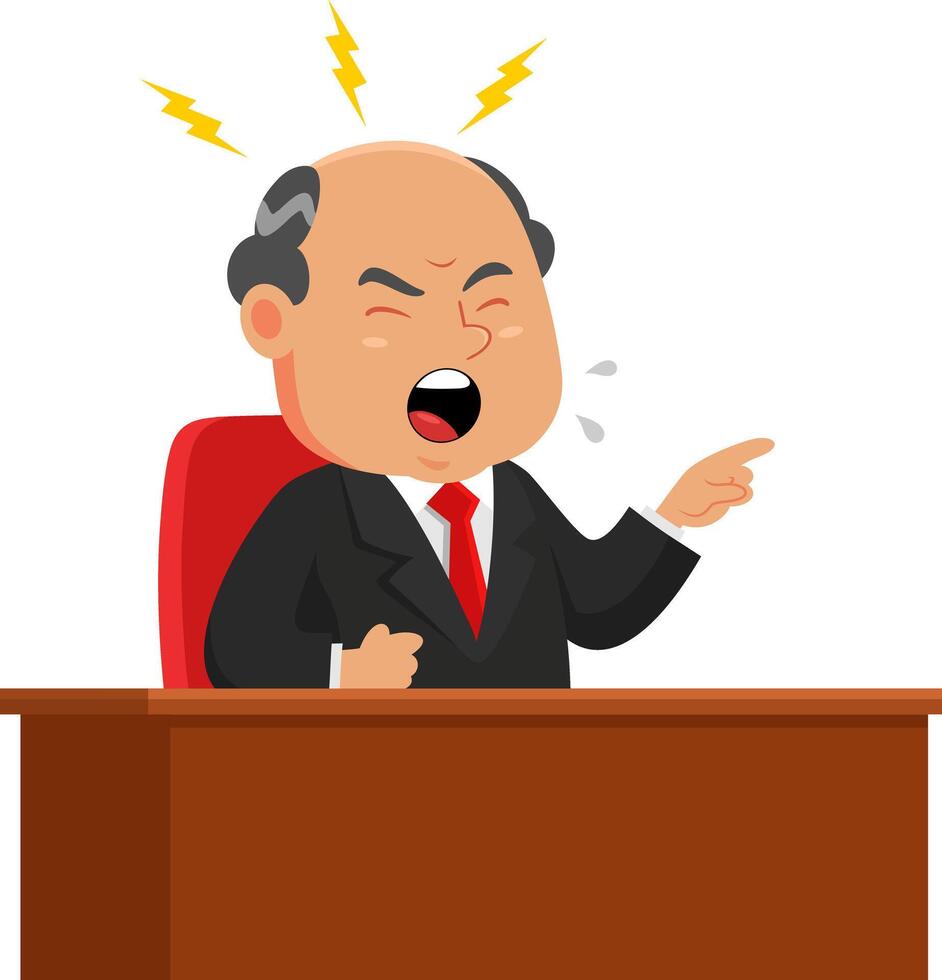 Angry Business Boss Man Cartoon Character Sitting On The Desk And Pointing With Finger vector