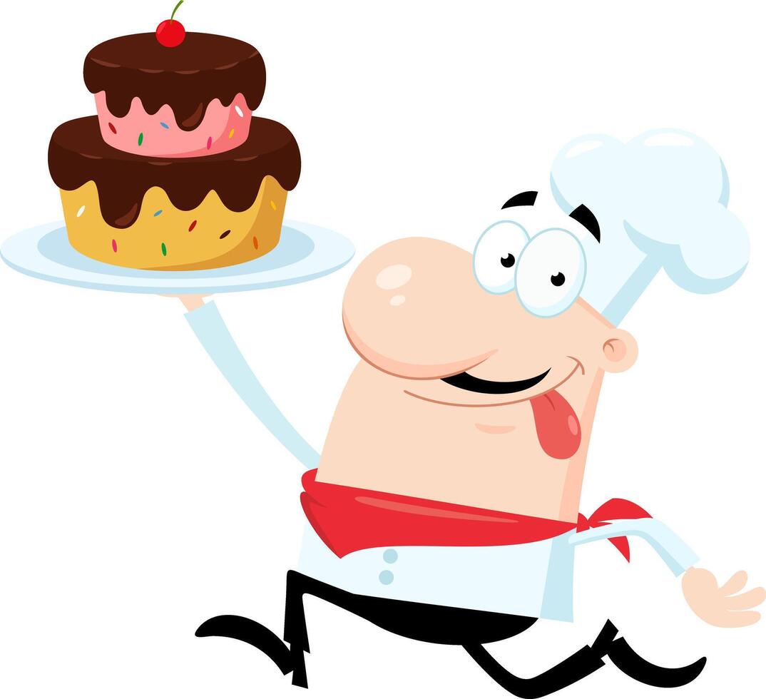 sonriente cocinero hombre dibujos animados personaje corriendo un bandeja con pastel vector