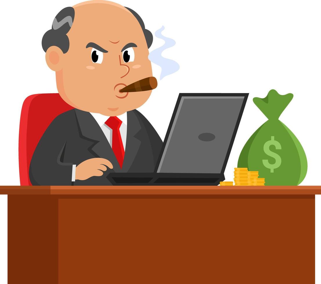 Business Boss Man Cartoon Character Sitting On The Deck With A Laptop And Money Bag vector