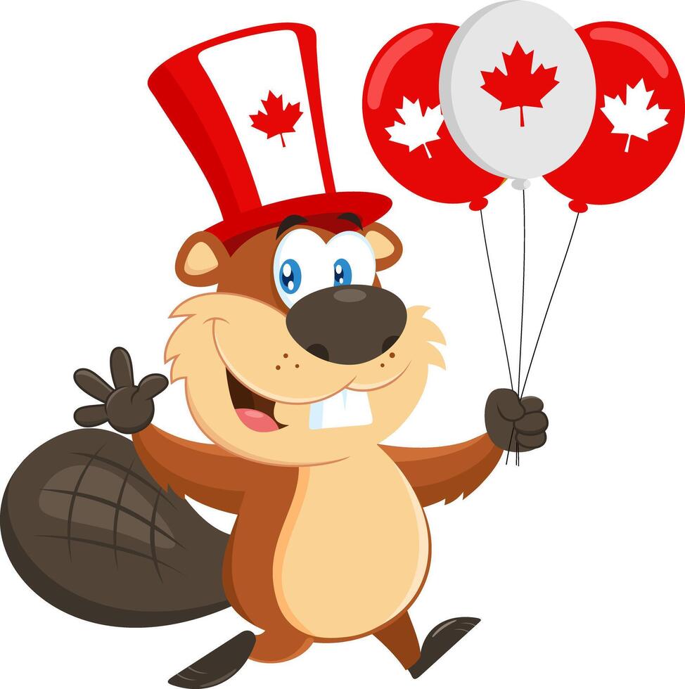 Canadian Beaver Cartoon Character Running With Balloon For Happy Canada Day vector