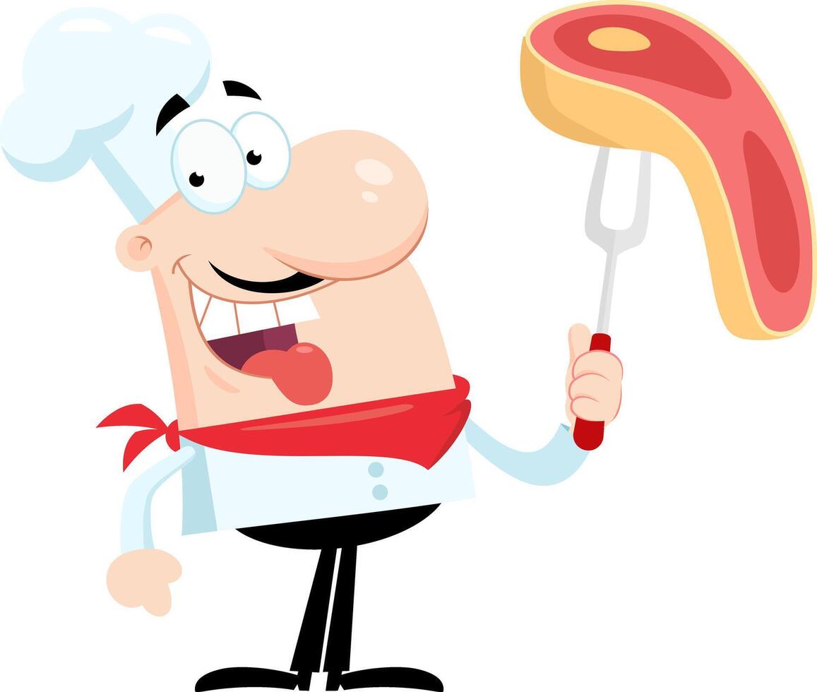 contento cocinero hombre dibujos animados personaje participación un crudo filete en barbacoa tenedor vector