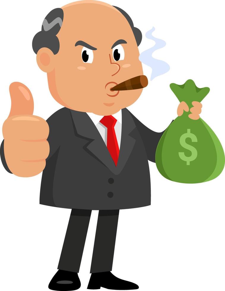 Business Boss Man Cartoon Character Holding A Money Bag and Giving The Thumbs Up vector