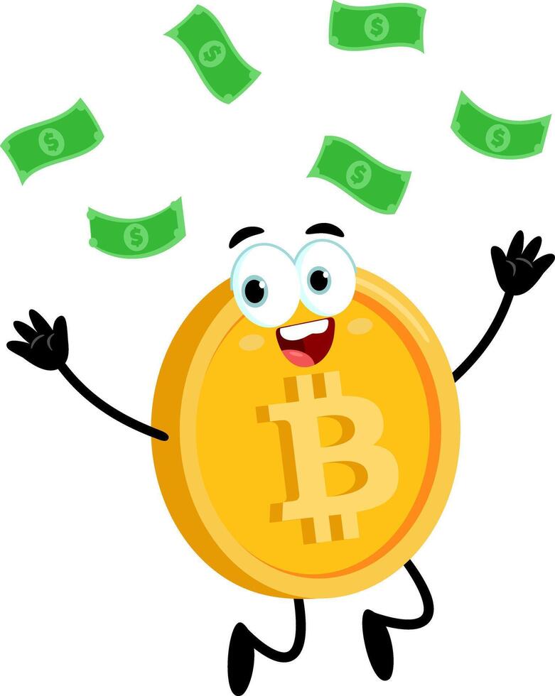 Bitcoin Cartoon Character Tossing Money Up In The Air. Illustration Flat Design vector