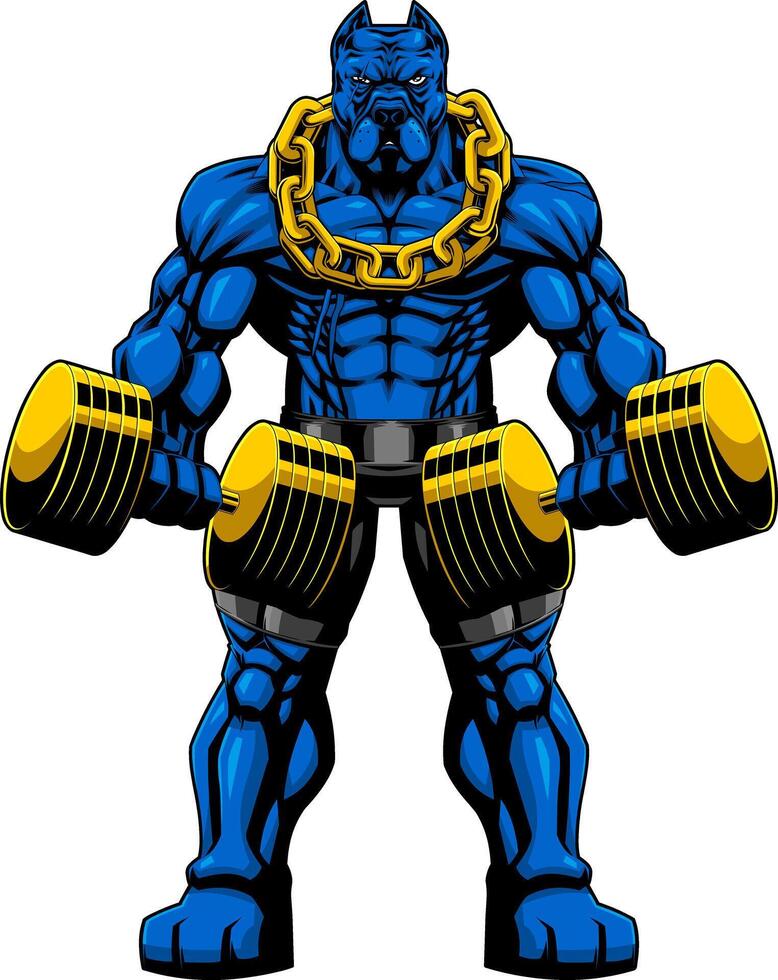 Muscular Blue PitBull Bodybuilder Mascot Doing Exercise With Dumbbells vector