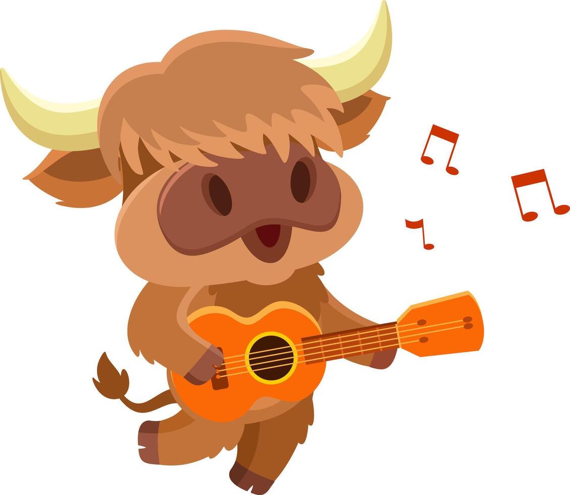 linda tierras altas vaca animal dibujos animados personaje jugando un guitarra y canto vector