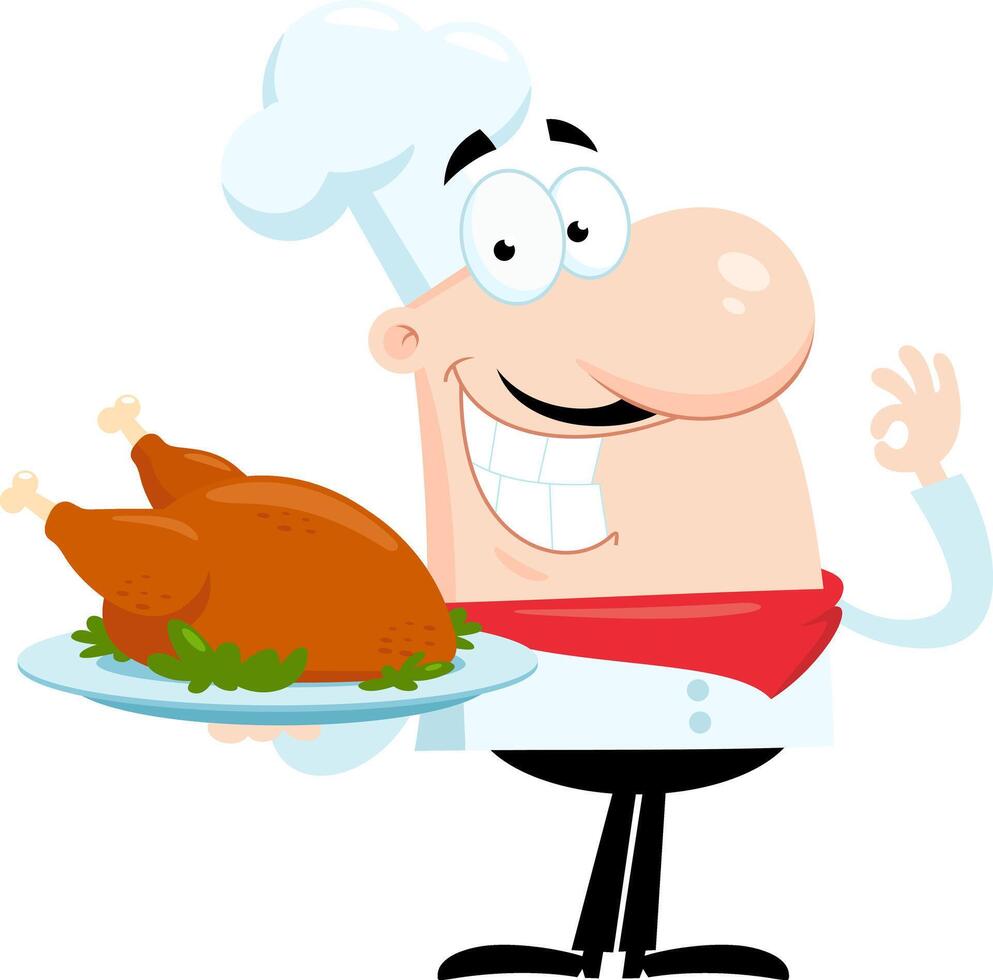 Smiling Chef Man Cartoon Character Holding Roasted Chicken vector