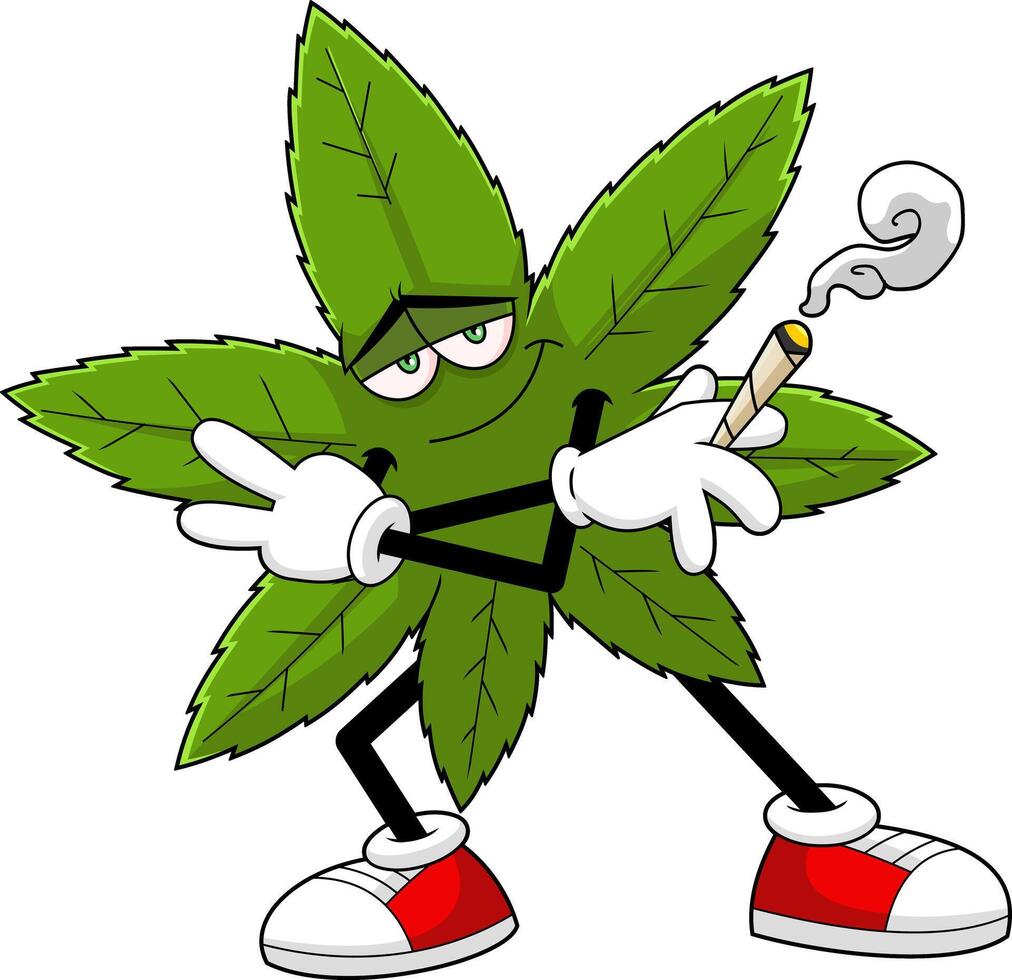 sonriente marijuana hoja dibujos animados personaje con un articulación danzado vector