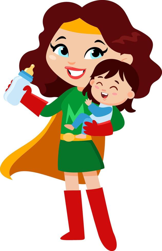 Super Hero Mom Carrying Her Daughter Cartoon Characters vector