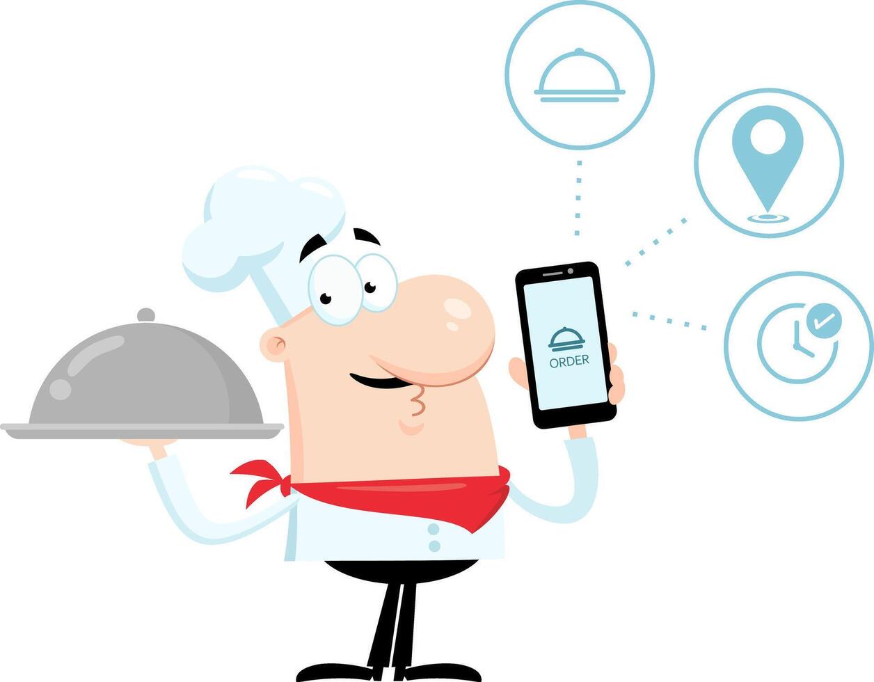 gracioso cocinero hombre dibujos animados personaje con plata plato y teléfono inteligente para orden comida en línea vector