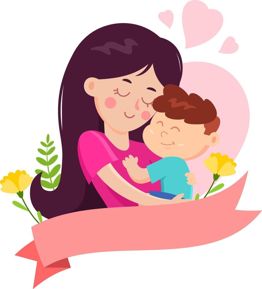 Cartoon Mother's Day Banner Template, Mother Embracing A Son vector