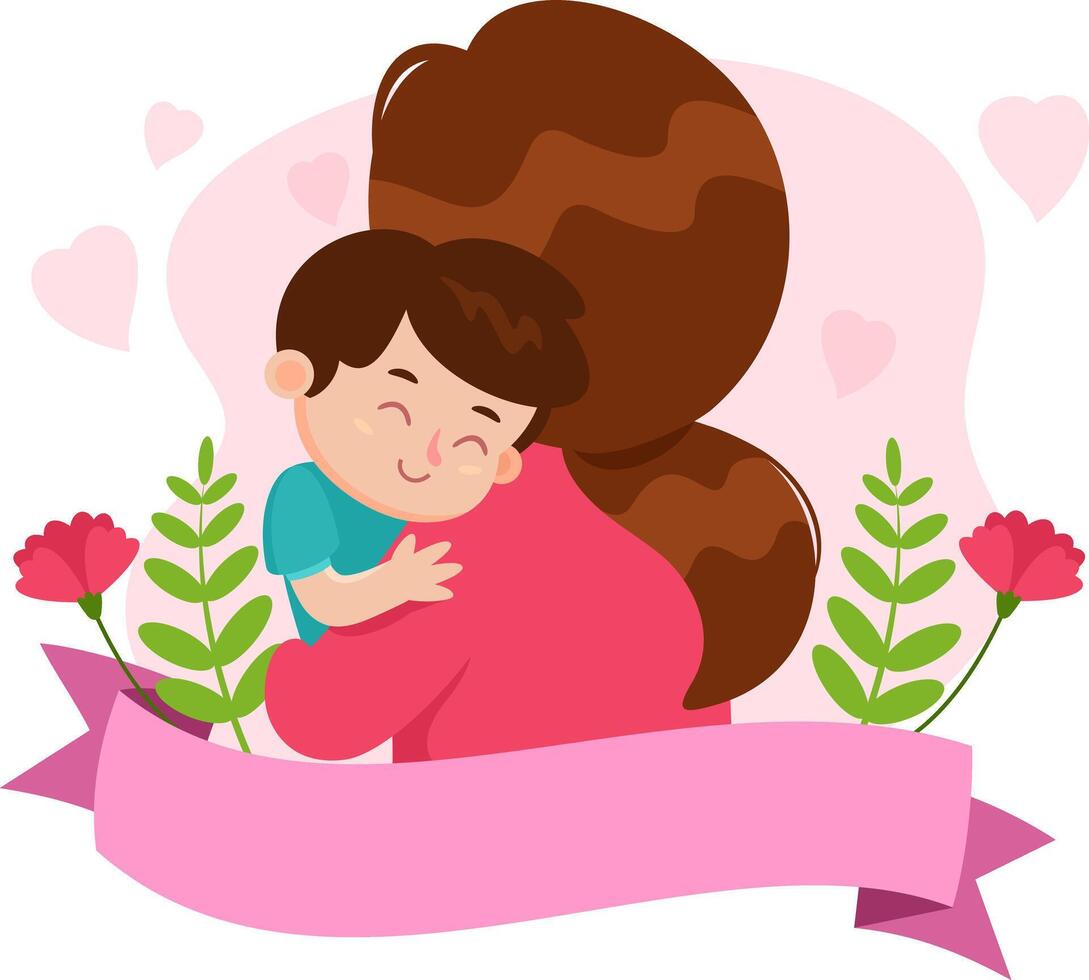 Cartoon Mother's Day Banner Template, Mother Embracing A Son vector