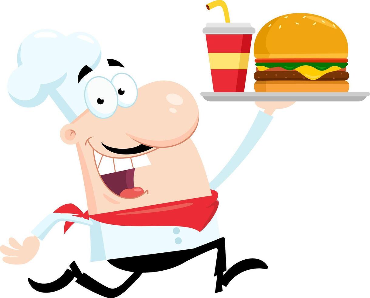 contento cocinero hombre dibujos animados personaje corriendo con hamburguesa y soda vector