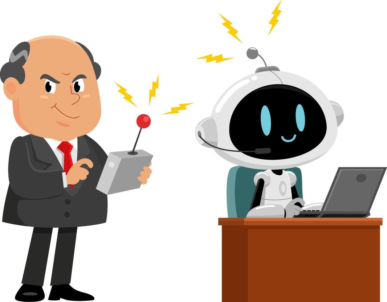 Business Boss Man Cartoon Character Using Remote To Enable AI Robot Control vector