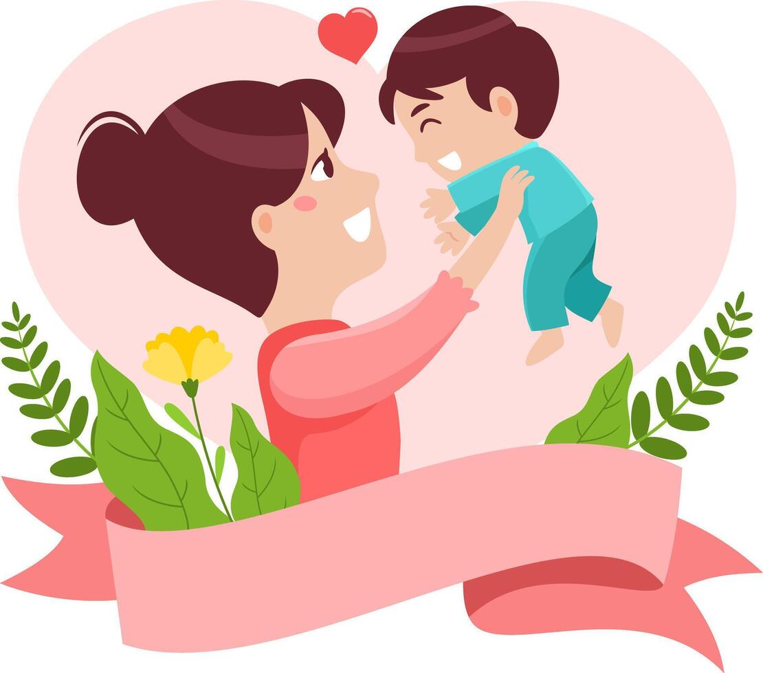 Cartoon Mother's Day Banner Template, Mother Embracing A Son vector