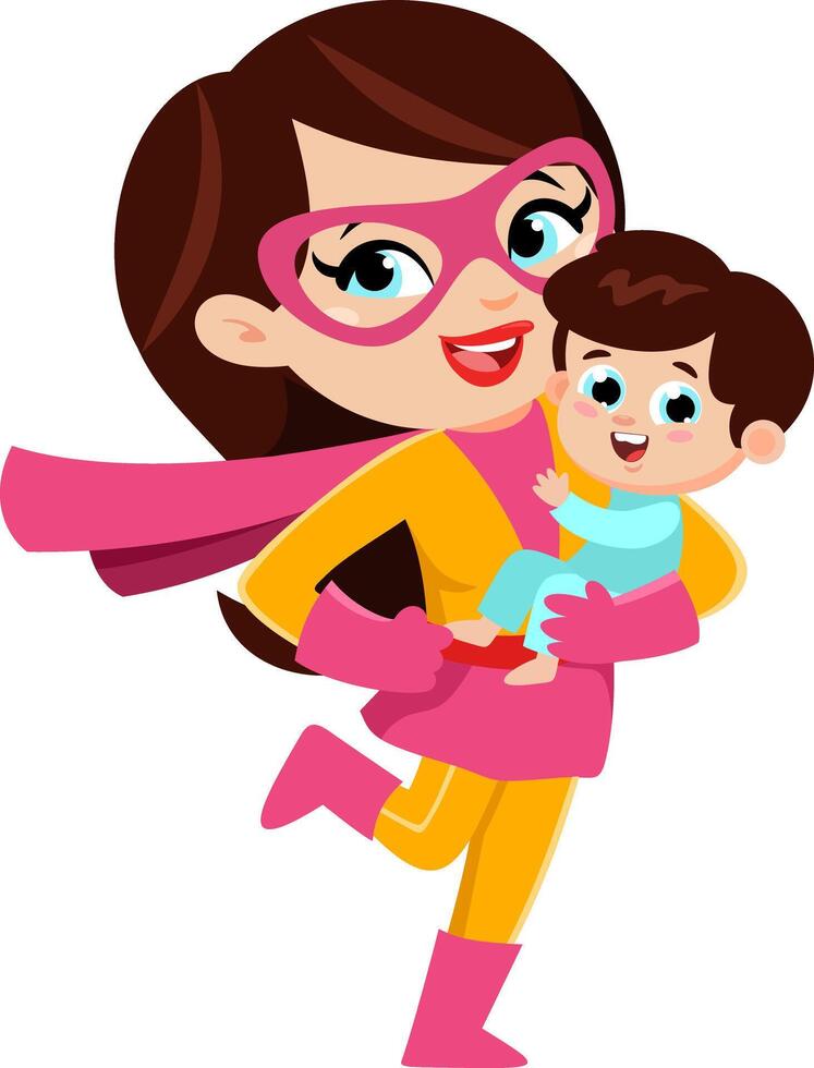 Super Hero Mom Carrying Her Son Cartoon Characters vector