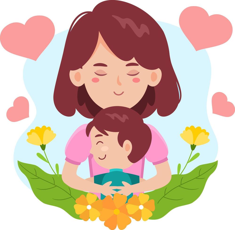 Cartoon Mother's Day Banner Template, Mother Embracing A Son vector