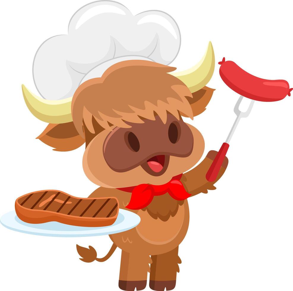 Cute Highland Cow Chef Cartoon Character Holding A Platter With Grilled Steak And Sausage vector