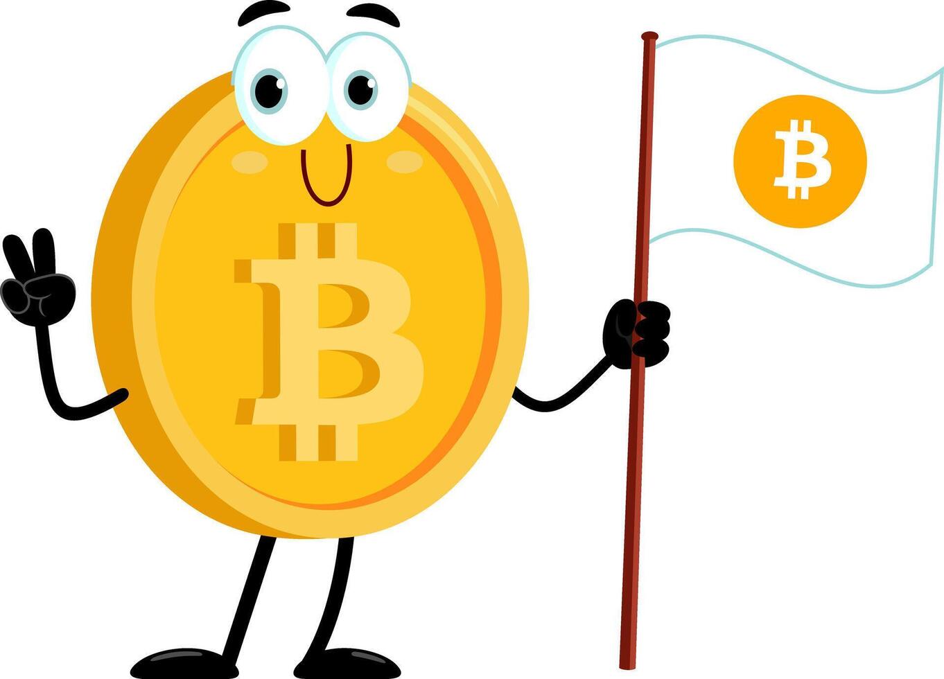 Bitcoin Cartoon Character Showing Victory Hand Sign And Waving Flag vector