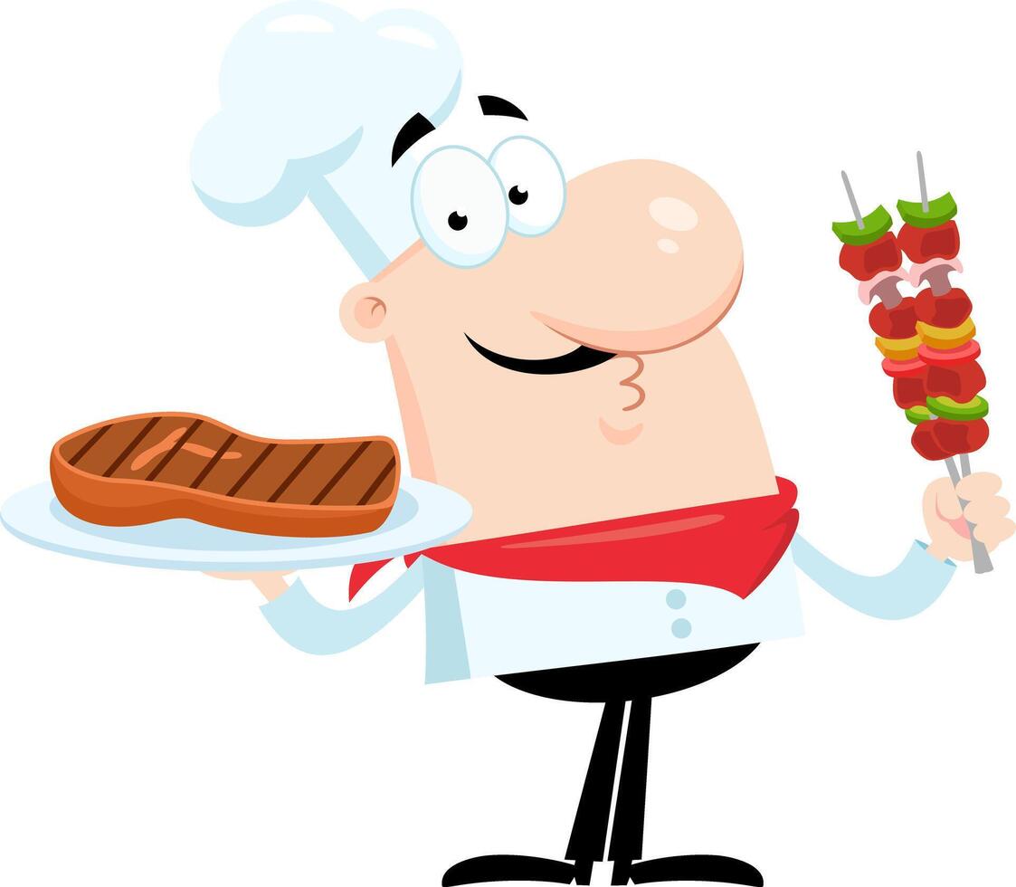 Chef Man Cartoon Character Holding A Platter With Grilled Steak And Meat Skewers vector