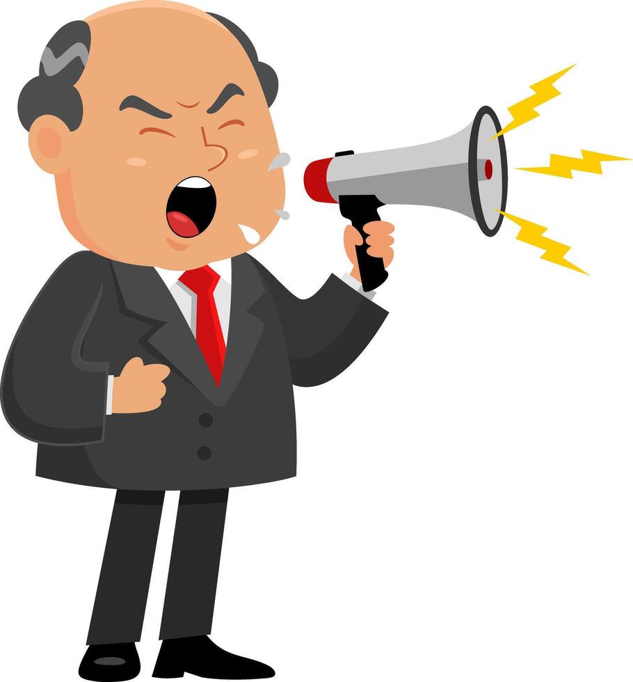 Business Boss Man Cartoon Character Screaming Into Megaphone vector