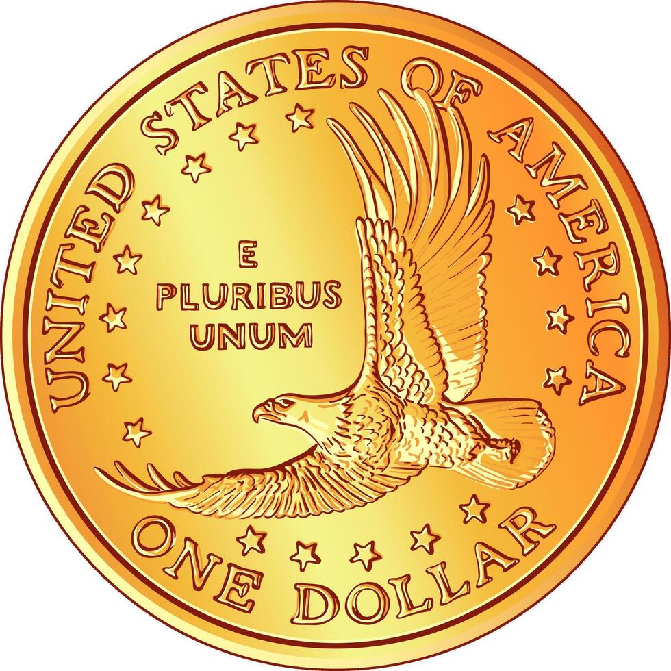 American Money, gold Dollar coin with the image of a flyi vector