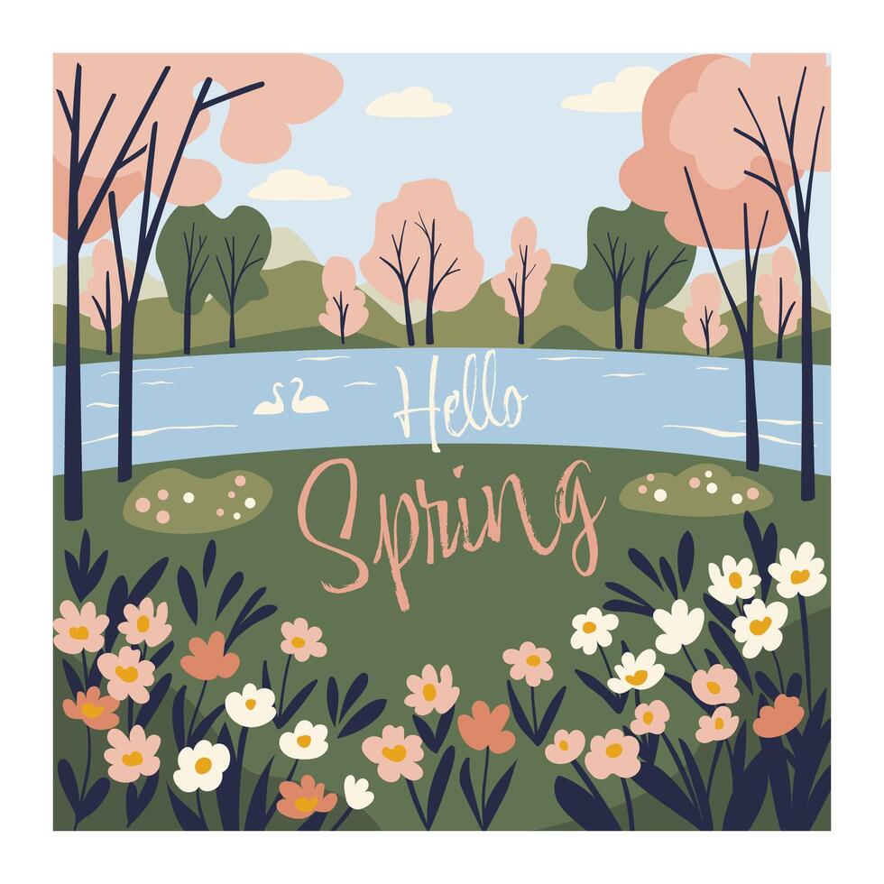 Spring park with pink blooming tree vector