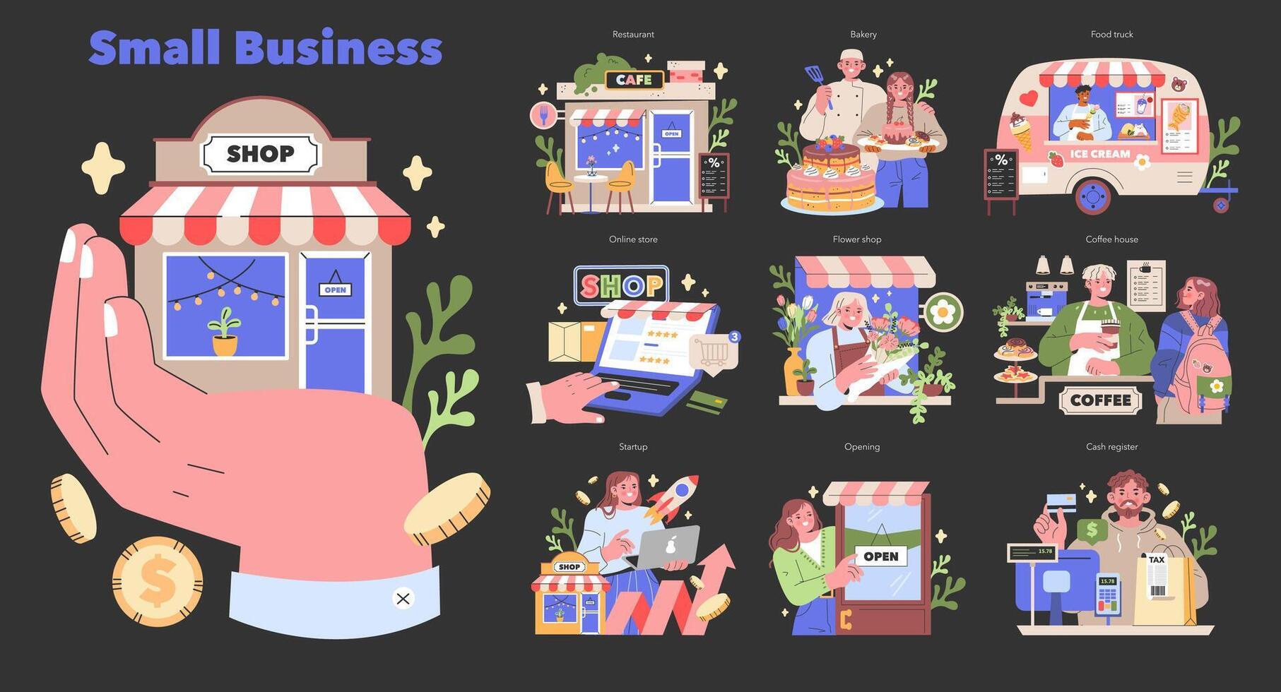 Small Business diversity set A vibrant look into the local economy, depicting shops, cafes, online ventures, and street food Entrepreneurial spirit in a modern marketplace illustration vector