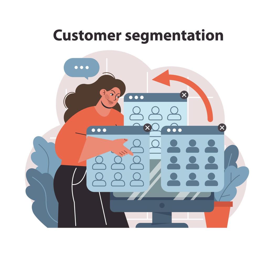 Customer segmentation concept. Enthusiastic woman categorizing digital profiles. vector