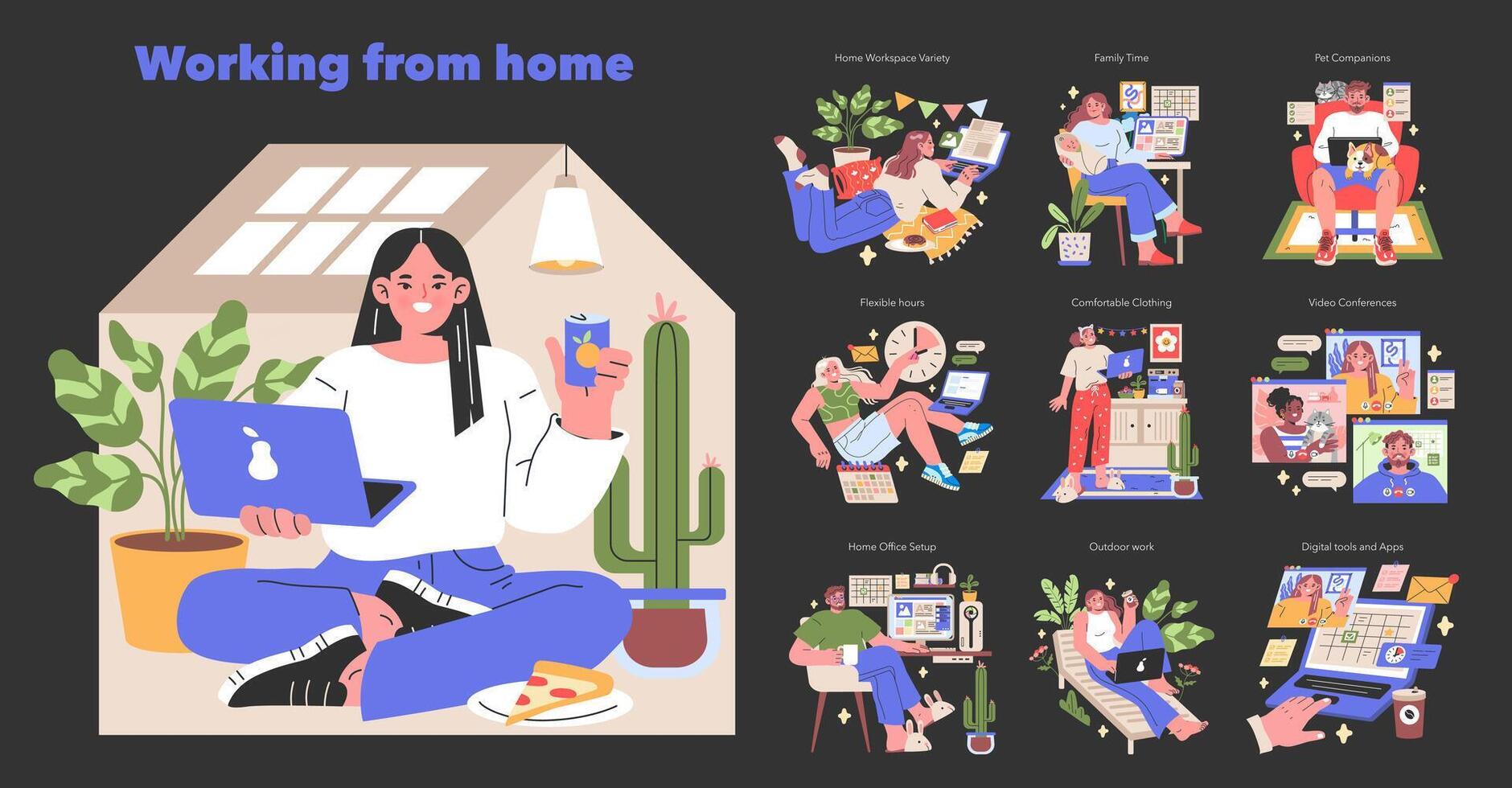 Working from Home set A variety of cozy remote work scenarios encapsulated in one illustration Balancing work-life dynamics with family and pets engagement illustration vector