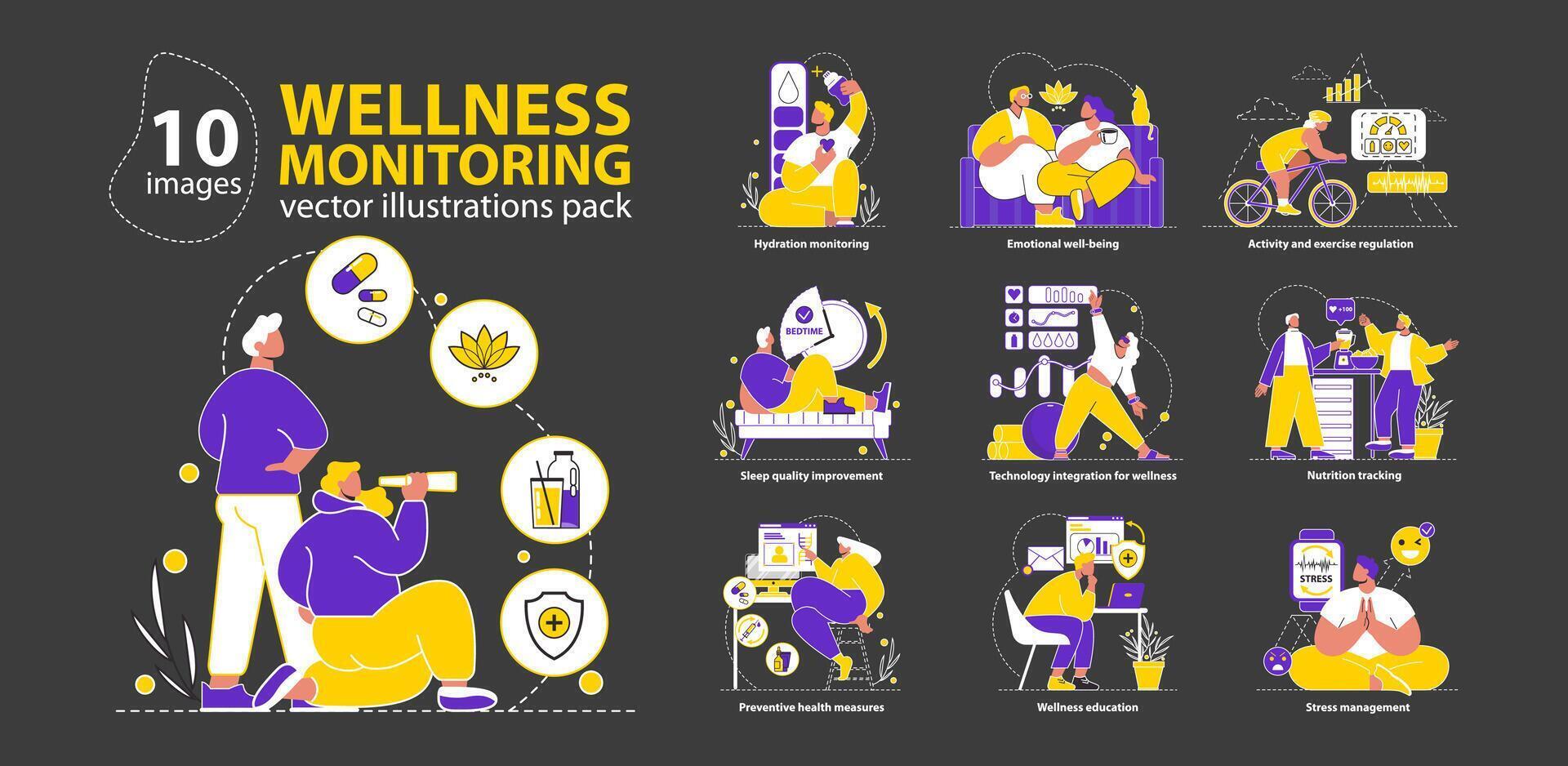 Wellness Monitoring set Harmonious health management through proactive tracking of hydration, sleep, fitness, and nutrition Illustrates lifestyle balance illustration vector