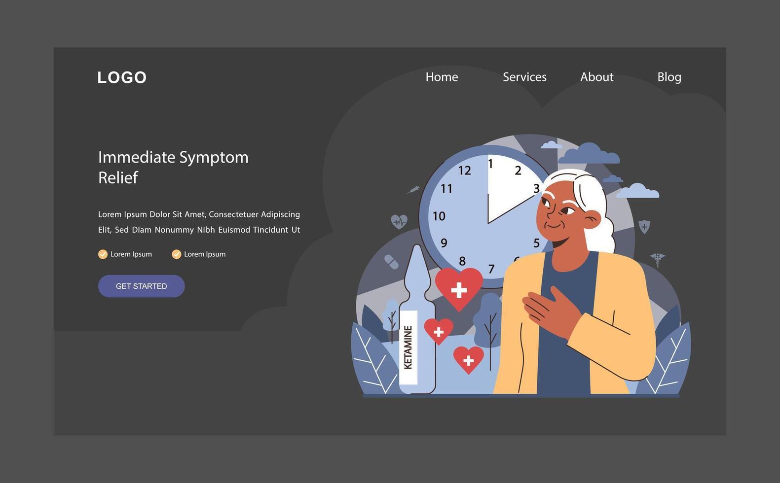 Immediate Symptom Relief with Ketamine. Flat illustration. vector