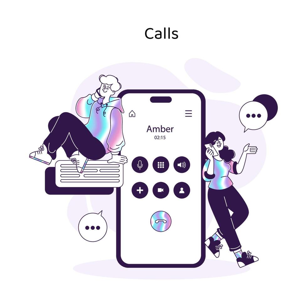 Individuals engage in a phone conversation, depicted next to a smartphone interface vector