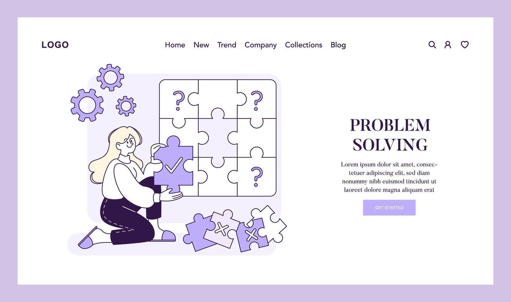 Illustration of a woman piecing together a puzzle, a metaphor for finding the right solution to a problem with strategic thought vector