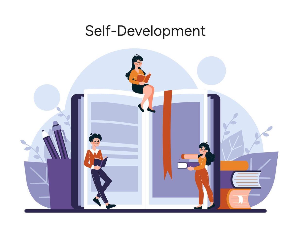 Individuals immersed in reading and sharing knowledge amidst a backdrop of giant books vector